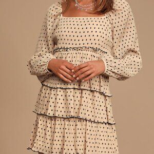 Lulus Confession Of Love Beige Polka Dot Ruffled Long Sleeve Dress - Size S